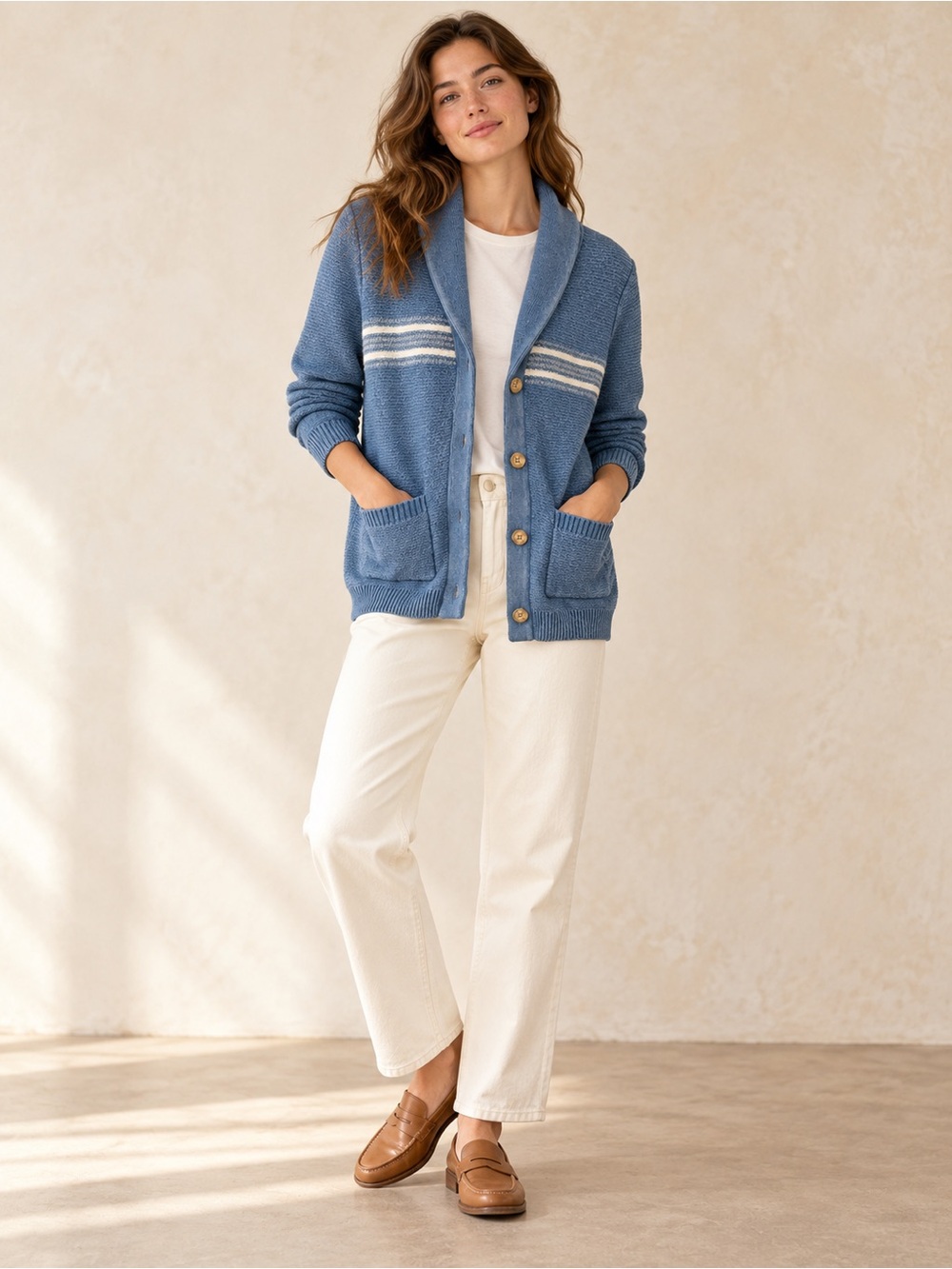 Marine Layer Blue Striped Shawl Collar Cardigan — Size M 💯 Cotton